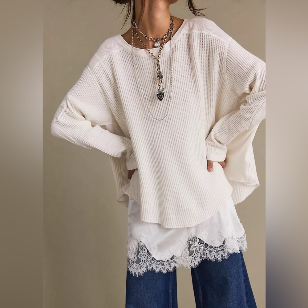 FP One Blake Thermal Oversized Scoop Neck Cotton Shirt Coconut Milk | Size M